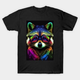 Colorful Raccoon Wearing Sunglasses in Pop Art Style - Unique and Fun Art Design T-Shirt